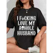 Camiseta estampada para mujer 100% unisex, con diseño divertido de calavera y la frase "I Love My Husband". Ropa de verano 2026 para mujer, atuendo de vacaciones para mujer. Playera para verano. - Negro - Ver 7