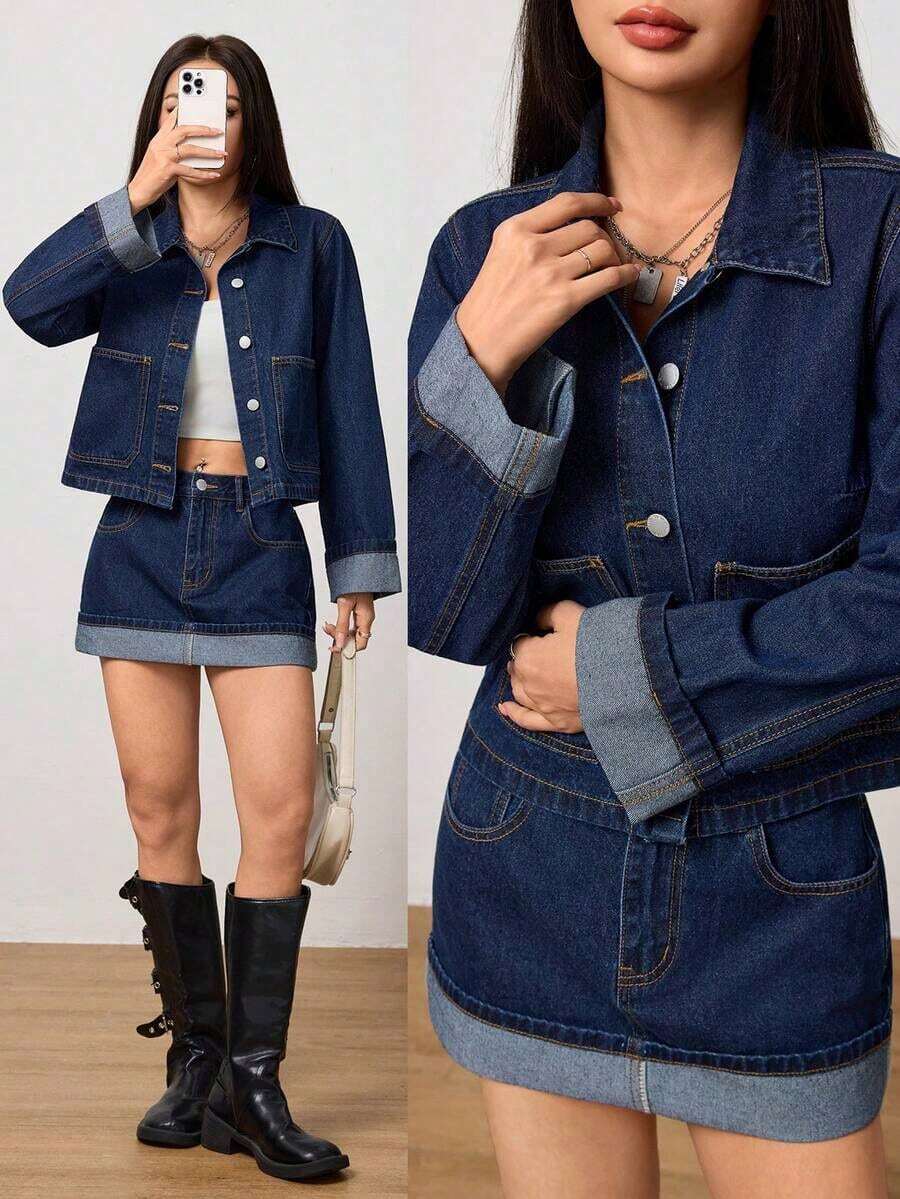 PETITE Conjunto de chaqueta vaquera y minifalda de mezclilla lavada, elegante y casual para uso diario de mujer en invierno y verano - Azul lavado oscuro - Ver 1