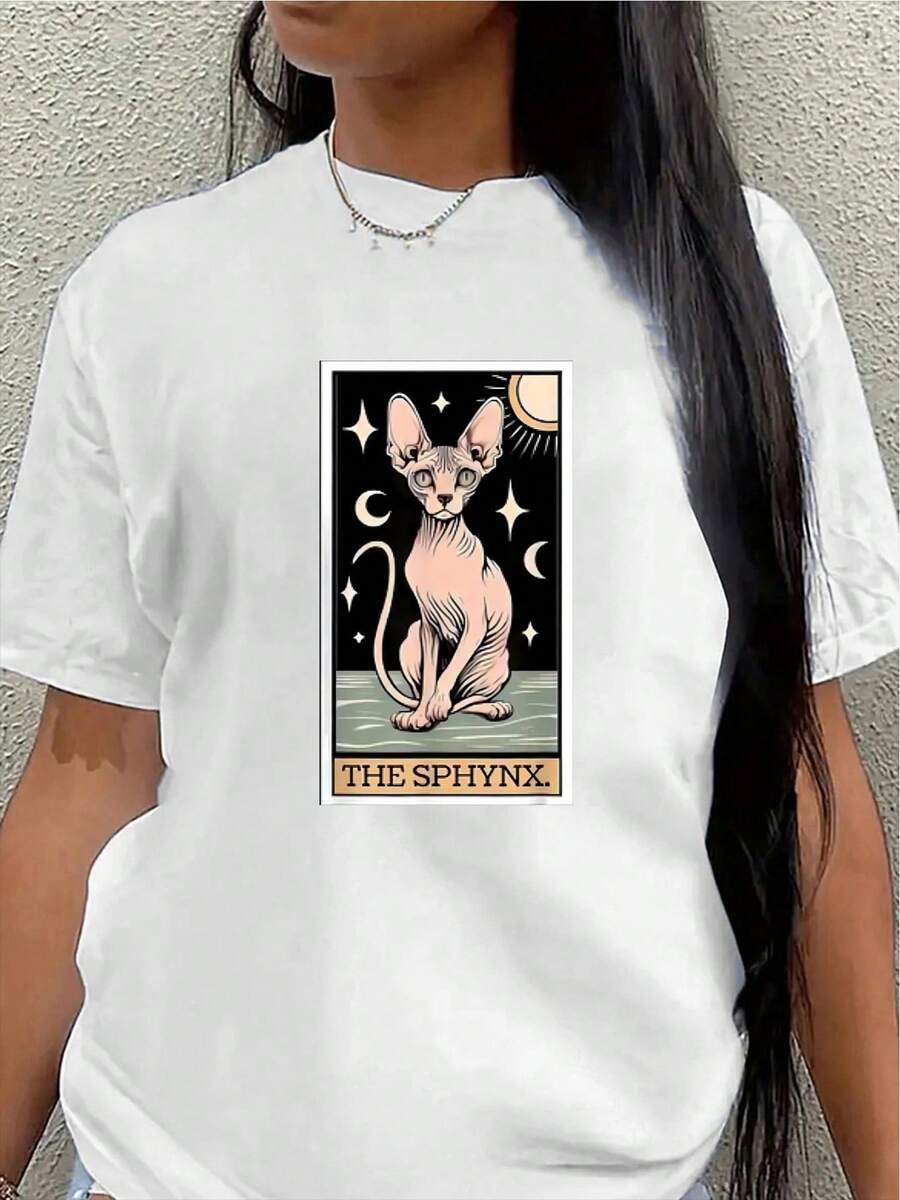 This Lightweight And Durable Short-Sleeved T-Shirt With A Diamond Cat Design Is Perfect For Casual Outings At Home, In Cafes, Or During Outdoor Activities, Offering A Comfortable Everyday Wear Experience. Women's Blouses > Clothing - 白色 - 查看 1
