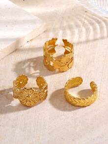 3pcs Stainless Steel Minimalist Ginkgo Leaf & Flower Ring Set, Suitable For Women's Daily, Party, Event Wear - Yellow Gold - View 4