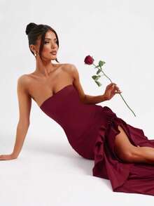 Sleeveless Knit Maxi Dress With Ruffles, Elegant And Sensual Bustier Spring Summer Fashion - Burgundy - View 2