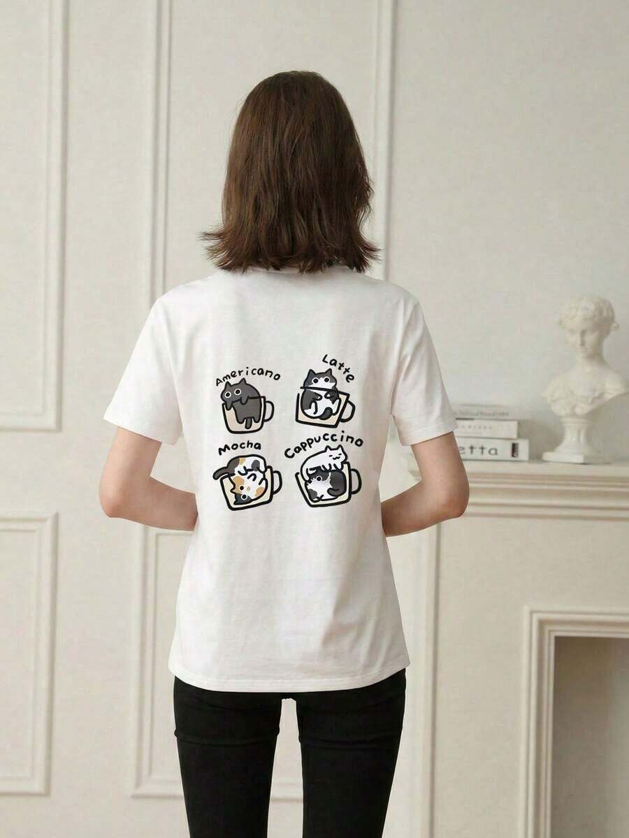 ¡Oferta por tiempo limitado, cantidades limitadas, relámpago! Camisas para mujer, camisetas para mujer, camisetas casuales de manga corta para mujer, corte holgado estilo japonés, estilo urbano veraniego, estampado de gato, estampado de letras y tazas de té, color blanco. - Blanco - Ver 1