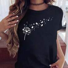 Women's Short Sleeve T-Shirts 100% Cotton, Round Neck T-Shirt With Dandelion Cartoon Graphic Print, Short Sleeve T-Shirt For Women, Printed Clothing For Ladies, T-Shirts For Women. - 黑色 - 查看 2
