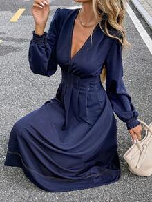 Frenchy Vestido midi elegante de moda con escote en V profundo y cintura para mujer, para el verano - Azul marino - Ver 6