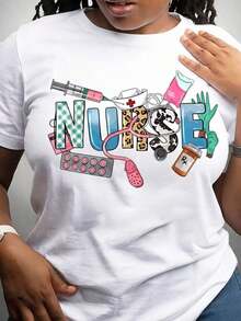 Camiseta con estampado de la letra "NURSE" de dibujos animados, de manga corta, informal, para primavera y verano, ropa para mujer. - Blanco - Ver 1