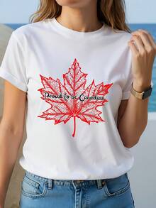 Camiseta de Manga Corta para Mujer, Estampado de Hoja de Arce, Texto "Orgulloso de Canadá", Diseño de Hoja Roja, Celebración del Día Nacional, Uso Diario, Souvenir de Viaje, 180g de Algodón Puro Transpirable, Suave y Amigable con la Piel, Versátil y Estilizante, Regalo Único, Imprescindible para Mujeres Patrióticas. - Blanco - Ver 2