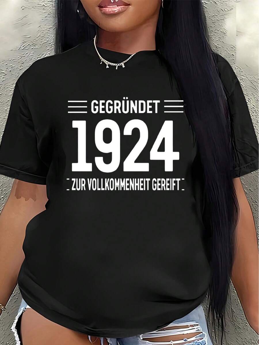Polyester Short-Sleeved T-Shirt, Casual Wear, Decorated With The "Foed 1924" Design, Lightweight And Durable, Suitable For Everyday Wear, At Home Or In The Office. Women's Casual Blouse - 黑色 - 查看 1