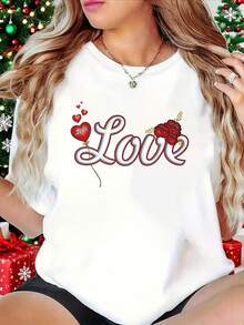 T-Shirt, Valentine's Day T-Shirt, Gift For Girlfriend, Romantic Love Motif With Heart And Rose Print, White Short-Sleeved Crew Neck T-Shirt For Women - Machine Washable, Suitable For Christmas Parties, Casual Outings, Friend Gatherings, Festive Outfit, Christmas Gift. - 白色 - 查看 8