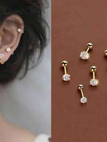 VJS 18K Gold Plated Stainless Steel Classic Round Cubic Zirconia Earring Set, Fashionable Non-Allergic Everyday Wear Jewelry Gift For Women - Set a - View 1