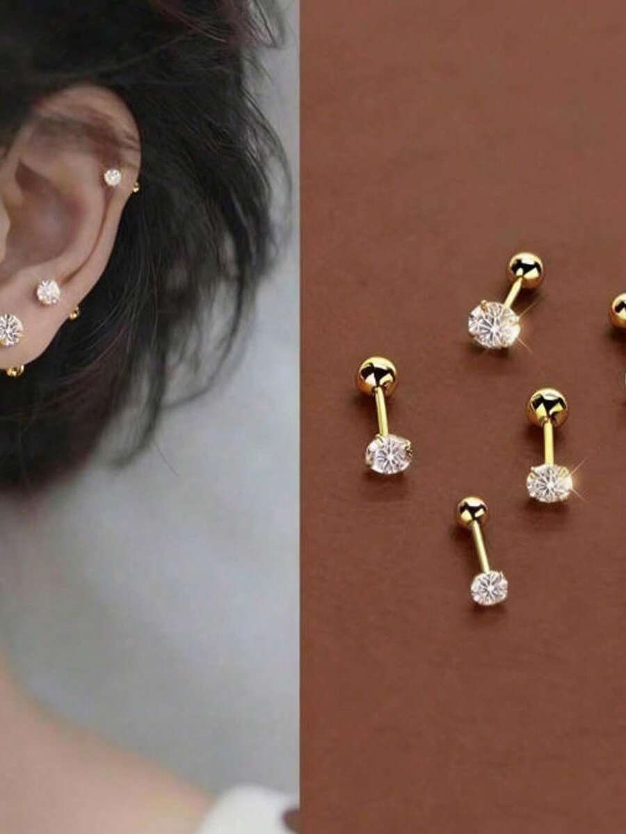 VJS 18K Gold Plated Stainless Steel Classic Round Cubic Zirconia Earring Set, Fashionable Non-Allergic Everyday Wear Jewelry Gift For Women - Set a - View 1