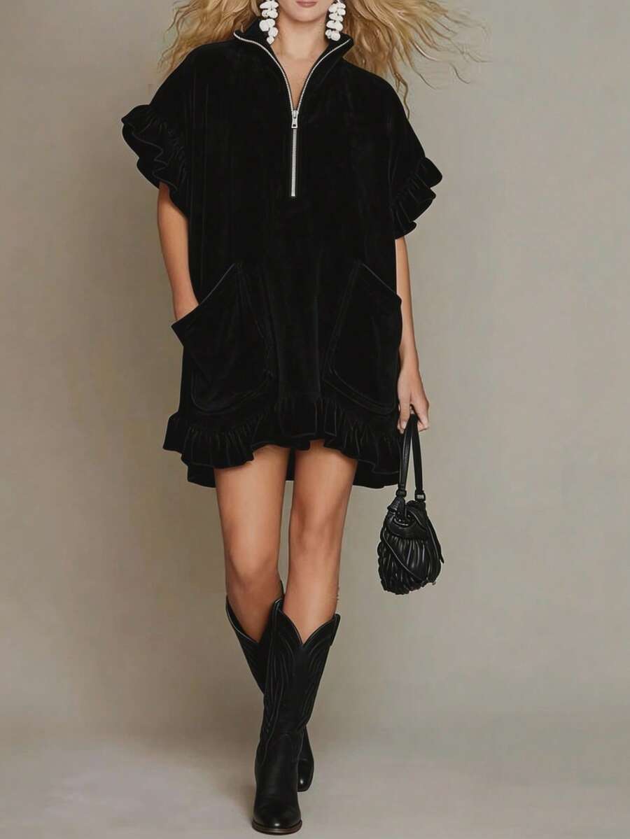Vestido A-line con mangas cortas y volantes, dos bolsillos y cremallera, nueva colección primavera verano 2026 - Negro - Ver 1