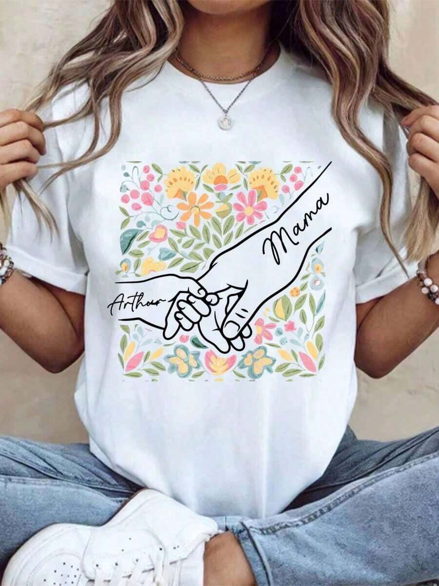 Personalized T-Shirt With Floral Design Of Mother And Child Holding Hands For Mother's Day, Birthday Gift For Mom, Family Clothing With Personalized Name, Vintage Urban Style, Unisex, Cotton, Short Sleeve, Round Neck, 100% Cotton - 白色 - 查看 1