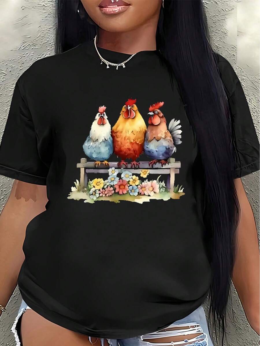 This Lightweight And Durable Short-Sleeved T-Shirt Features A Striking Chicken Design And Is Perfect For Casual Outings At Home Or Restaurants, Offering A Comfortable Everyday Wear Experience. - 黑色 - 查看 1
