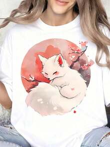 Women's Cherry Blossom And Moon Design T-Shirt, Anime Style Animal Print, Casual Spring And Summer Top, Fashionable Gift For Fox Lovers. Suitable As A Gift. Women's T-Shirt. Blouses>Elegant. Boho Chic. Soft, Breathable, And Comfortable Women's Top, Ideal For Spring, Summer, And Autumn, Perfect For Vacations, Travel, And Everyday Wear. - 白色 - 查看 7