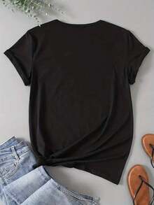 Double-Sided Black T-Shirt With Floral And Wing Print With Pink Roses, 1 Piece, Plus Size For Women, Funny Short-Sleeved Graphic Print T-Shirt, Novelty, 100% Polyester, Casual Round Neck T-Shirt, 220g, Blouses For Women, Casual Wear For Women. - 黑色 - 查看 3