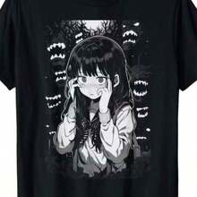 Camiseta de Algodón 100% para Mujer con Estampado Gráfico de Anime - Corte Holgado, Cuello Redondo, Manga Corta, Estilo Casual con Personajes de Dibujos Animados Vibrantes |   Diseño exquisito |   Suelto y cómodo |   Fácil de combinar | - Negro - Ver 8