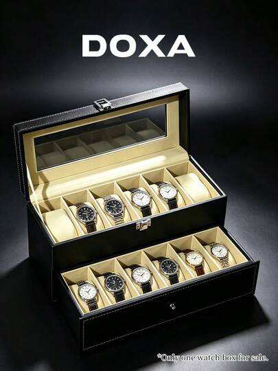  DOXA 12-Slot Premium Leather Watch Storage Box, Dual-Layer Luxury Display Case With Glass Top, Secure Organizer For Watch Collectors