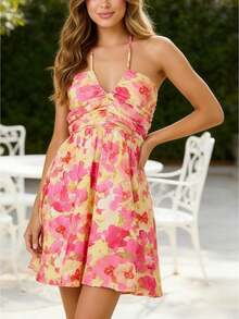 Women's Floral Halter Neck Mini Dress Ruched Backless A-Line Maternity Party Dress With Adjustable Self-Tie - 粉色 - 查看 1