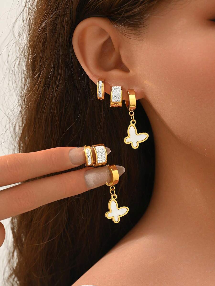 6pcs/Set Women's Stainless Steel Butterfly Rhinestone Hoop Earrings Set, Suitable For Daily Wear - Multicolor - View 1