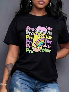 A Smiling Pencil With A Vibrant Rainbow Symbolizes The Joy Of Learning And Creativity. Colorful Preschool Words Celebrate Children's Learning. This Comfortable Women's T-Shirt Is Ideal As A Teacher's Back-To-School Gift. - 黑色 - 查看 6