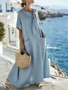 Holidaya Vestido casual y suelto de manga corta y longitud media para mujer, adecuado para ocasiones como vacaciones, playa, picnic, camping, actividades al aire libre y uso diario - Azul - Ver 3