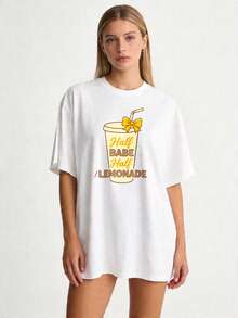 Women's T-Shirt, Casual Summer T-Shirt With Round Neck, 100% Pure White With Print Of A Semi-Nude Girl And Half Lemonade, Suitable For Family Use And Couple Sets, Perfect For Warm Weather Days, An Ideal Gift For Mom, For Mother's Day Family Gatherings And As A Gift For Good Friends. - 白色 - 查看 1