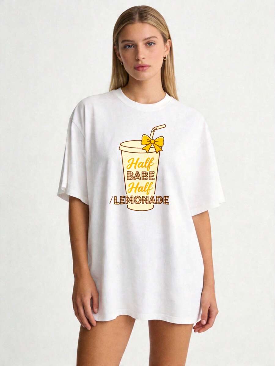 Women's T-Shirt, Casual Summer T-Shirt With Round Neck, 100% Pure White With Print Of A Semi-Nude Girl And Half Lemonade, Suitable For Family Use And Couple Sets, Perfect For Warm Weather Days, An Ideal Gift For Mom, For Mother's Day Family Gatherings And As A Gift For Good Friends. - 白色 - 查看 1