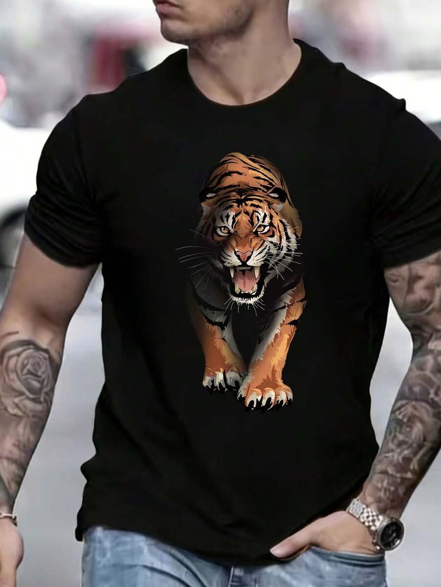 Camiseta de hombre con diseño de tigre de 180g – El regalo perfecto para amigos y familiares, ideal para festivales de música de verano y actividades de team building corporativas. - Negro - Ver 1