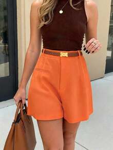 Pantalones cortos de trabajo casuales de verano de unicolor para mujer - Naranja Quemada - Ver 5