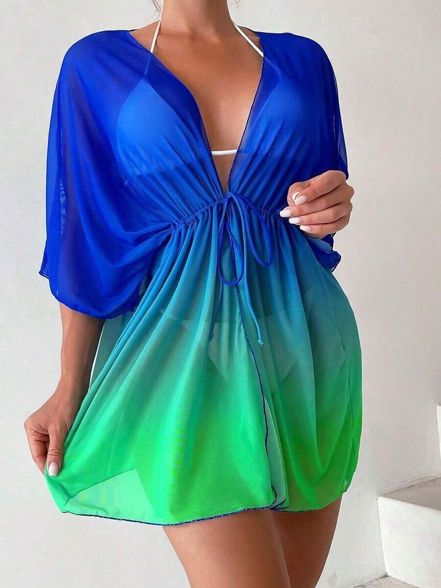 Kimono de ombré de cintura con cordón de manga murciélago de malla - Multicolor 2 - Ver 1