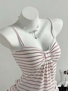 Camiseta ajustada con pliegues en el busto a rayas rosas para el verano - Rosa 2 - Ver 3
