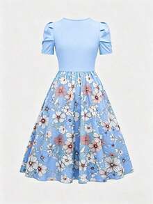Vestido de verano de longitud media con estampado floral elegante y patchwork para mujer - Celeste - Ver 2
