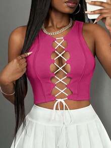 Top corto sin mangas con contraste de color acanalado, estilo casual básico, deportivo, sexy y de calle Y2K para mujeres - Rosa Fucsia - Ver 8