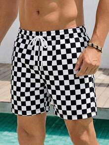 1pc Plus Size Men's Plaid Casual Beach Shorts, Breathable Lightweight And Comfortable, Suitable For Summer Vacation - Black and White - View 2