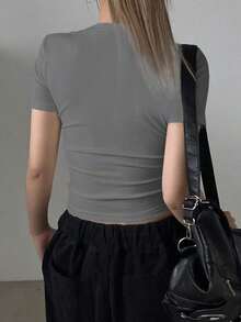Camiseta Casual De Manga Corta Con Cuello Redondo Y unicolor Para Mujer En Verano - Gris - Ver 2