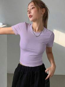 Camiseta Casual De Manga Corta Con Cuello Redondo Y unicolor Para Mujer En Verano - Morado - Ver 6