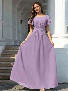 Vestido de dama de honor de gasa con volantes y mangas cortas con volantes, cuello de barco, estilo elegante para boda, color eucalipto - Púrpura polvoriento 2 - Ver 4