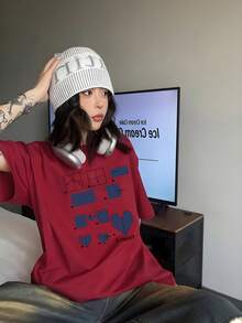 Y2K Women's Oversized T-Shirt With Blue Heart And Square Print - Summer Short Sleeve, Round Neck, 90s Retro Aesthetic, Casual And Layerable Outfit Piece - 酒紅色 - 查看 1