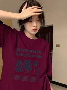 Cute Loose-Fitting T-Shirt With English Letter Print, Women's Short-Sleeved White Summer Top - Burgundy - View 1