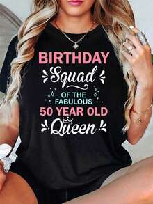 Camiseta de mujer con corona de reina y número '50' para el 50º cumpleaños - Ideal para fiestas de cumpleaños, top a juego para el grupo de amigas más cercanas, regalo para cumpleaños, Pascua, Día de la Madre, camiseta negra casual de manga corta y cuello redondo para mujer, transpirable y cómoda. - Negro - Ver 7