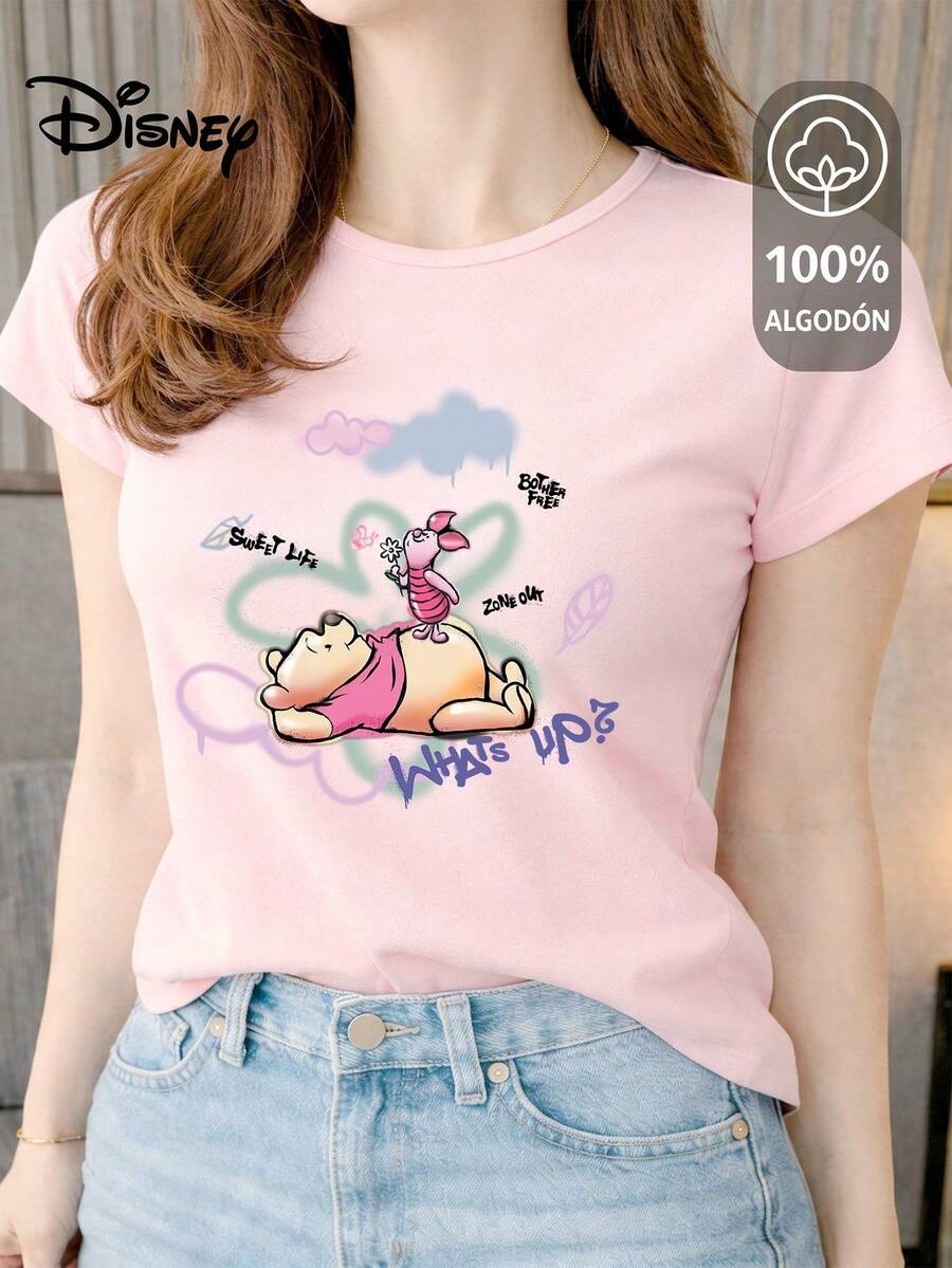 Women's T-Shirt Made Of 100% High-Quality Cotton, This T-Shirt Guarantees Exceptional Softness To The Touch, Round Neck With "Disney Winnie The Pooh & Piglet Sweet Life" Print And Short Sleeves - 粉色 - 查看 1