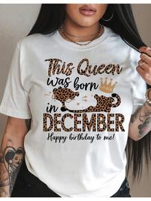Camiseta de talla grande para mujer estilo reina para cumpleaños de diciembre - Estampado de leopardo blanco con letras doradas y diseño de corona, top casual de cuello redondo 100% algodón, adecuada para atuendos de cumpleaños de Navidad/Año Nuevo, camiseta cómoda y llamativa para todas las estaciones. - Blanco - Ver 1