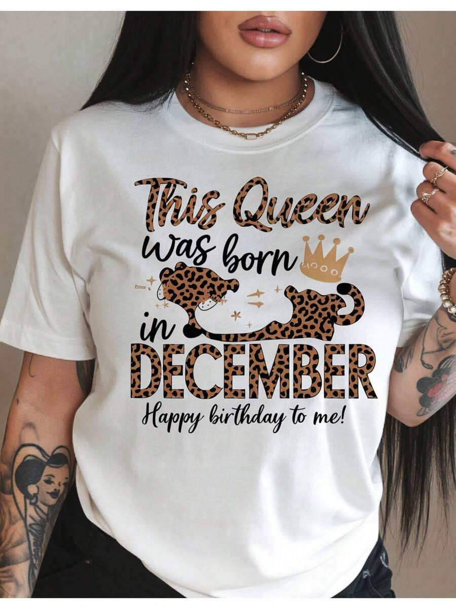 Camiseta de talla grande para mujer estilo reina para cumpleaños de diciembre - Estampado de leopardo blanco con letras doradas y diseño de corona, top casual de cuello redondo 100% algodón, adecuada para atuendos de cumpleaños de Navidad/Año Nuevo, camiseta cómoda y llamativa para todas las estaciones. - Blanco - Ver 1