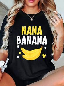 Camiseta de Mujer Nana Banana - Estampado de Plátano Amarillo y Corazones con Texto NANA BANANA, Manga Corta Casual en /Rosa/Rojo, Idea de Regalo Divertido para Abuela/Nana/Cuidadora, Lavable a Máquina para Todas las Estaciones - Negro - Ver 1