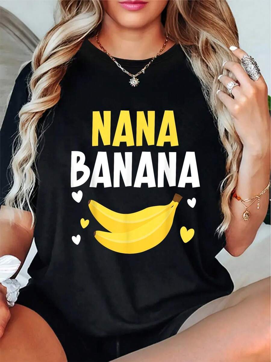 Camiseta de Mujer Nana Banana - Estampado de Plátano Amarillo y Corazones con Texto NANA BANANA, Manga Corta Casual en /Rosa/Rojo, Idea de Regalo Divertido para Abuela/Nana/Cuidadora, Lavable a Máquina para Todas las Estaciones - Negro - Ver 1