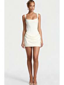 Women's Square Neck Corset Mini Dress, Sleeveless With Ruched Hem Detail, Bodycon Silhouette With Lace-Up Back, Elegant Night Out Style, Available In Multiple Colors, Ideal For Cocktail Parties, Date Night, Evening Events And Special Occasions - 白色 - 查看 1