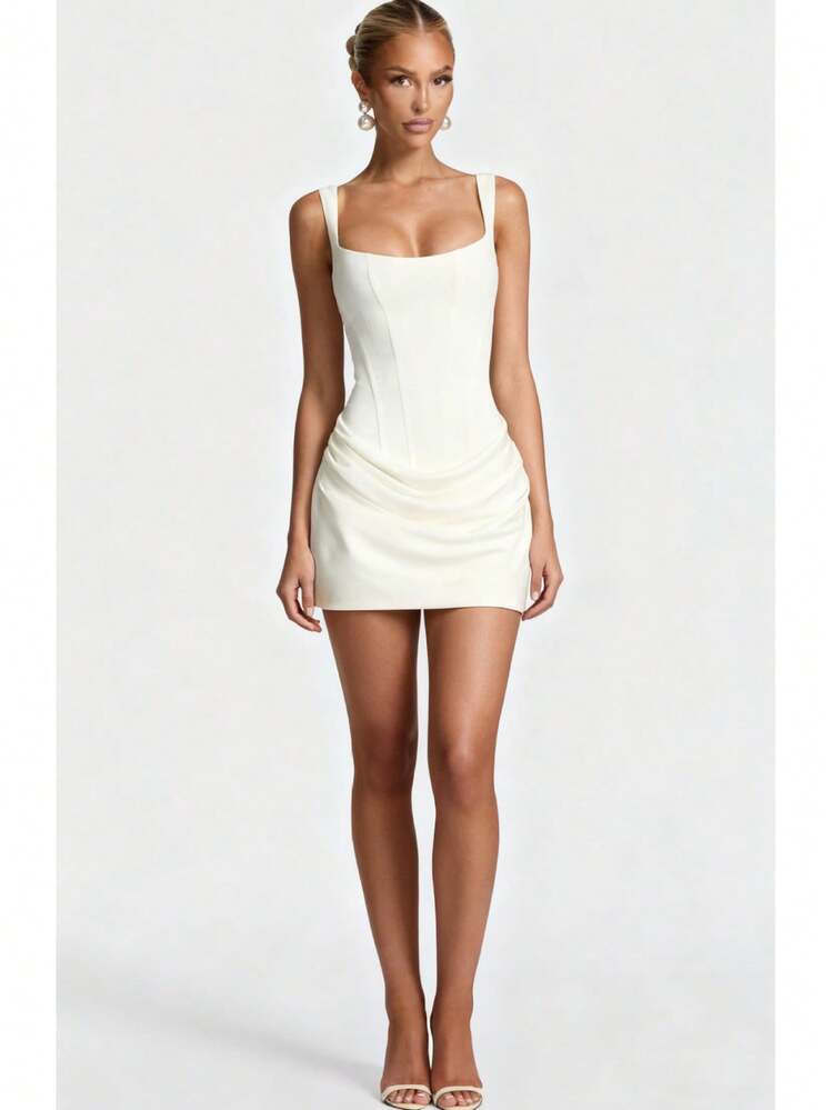 Women's Square Neck Corset Mini Dress, Sleeveless With Ruched Hem Detail, Bodycon Silhouette With Lace-Up Back, Elegant Night Out Style, Available In Multiple Colors, Ideal For Cocktail Parties, Date Night, Evening Events And Special Occasions - 白色 - 查看 1