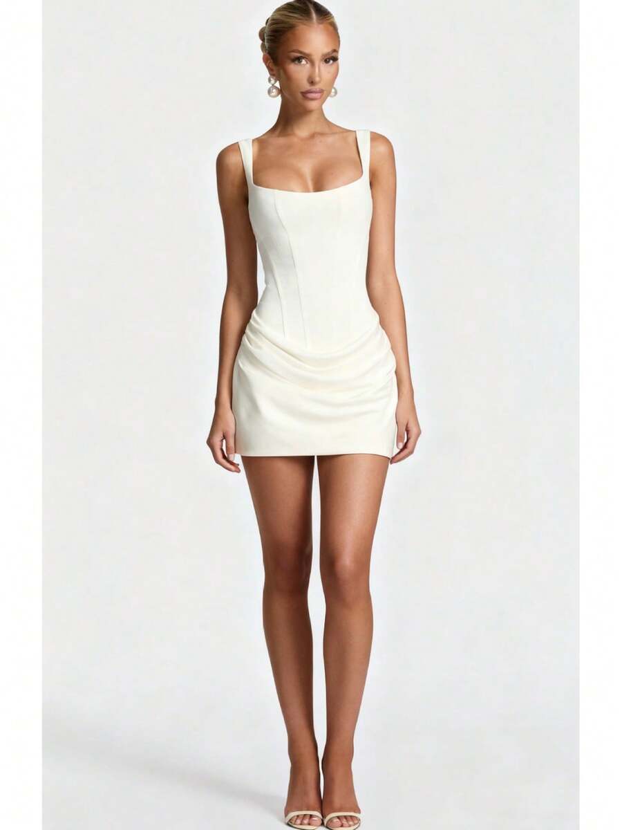 Women's Square Neck Corset Mini Dress, Sleeveless With Ruched Hem Detail, Bodycon Silhouette With Lace-Up Back, Elegant Night Out Style, Available In Multiple Colors, Ideal For Cocktail Parties, Date Night, Evening Events And Special Occasions - 白色 - 查看 1