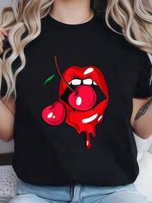 Vintage Women's Short Sleeve T-Shirt With Round Neck, Red Lips And Cherry Print, Sexy Vintage Style, 100% Cotton, For Casual Summer Wear, Summer Essentials, Summer Outfits For Women, Graphic Tees - 黑色 - 查看 1