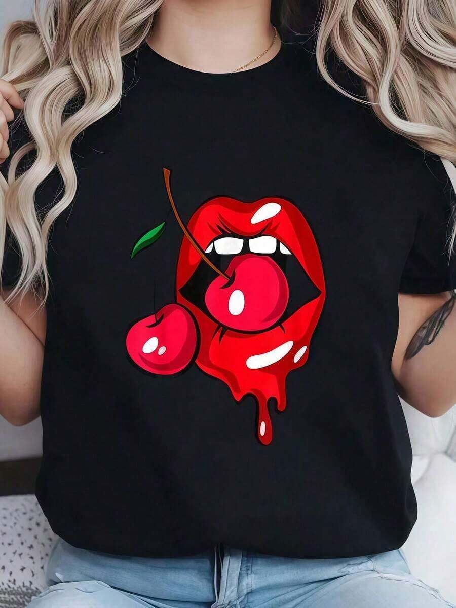 Vintage Women's Short Sleeve T-Shirt With Round Neck, Red Lips And Cherry Print, Sexy Vintage Style, 100% Cotton, For Casual Summer Wear, Summer Essentials, Summer Outfits For Women, Graphic Tees - 黑色 - 查看 1